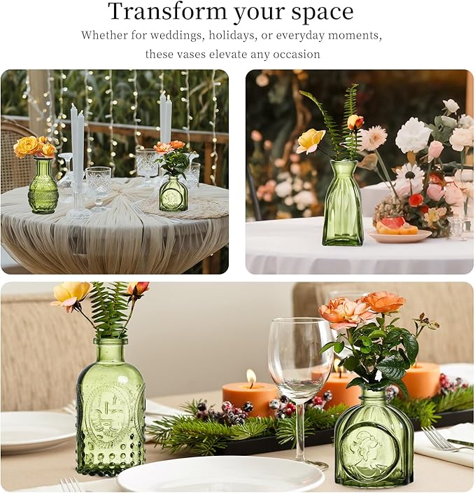 Glass Bud Vases Set of 64 - Green Assorted Small Mini Glass Vases for Flowers, Crystal Vintage Vase Set, Bulk Centerpieces for Table Décor, Wedding, Home and Events (Green, 64 Pcs)