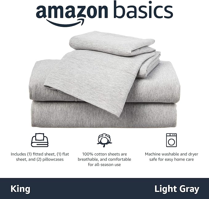 Amazon Basics 4 Piece Bed Sheets Set, 100% Cotton Jersey, Includes Super Soft, Flat and Fitted Sheets, Pillowcase, King, Light Gray, Solid