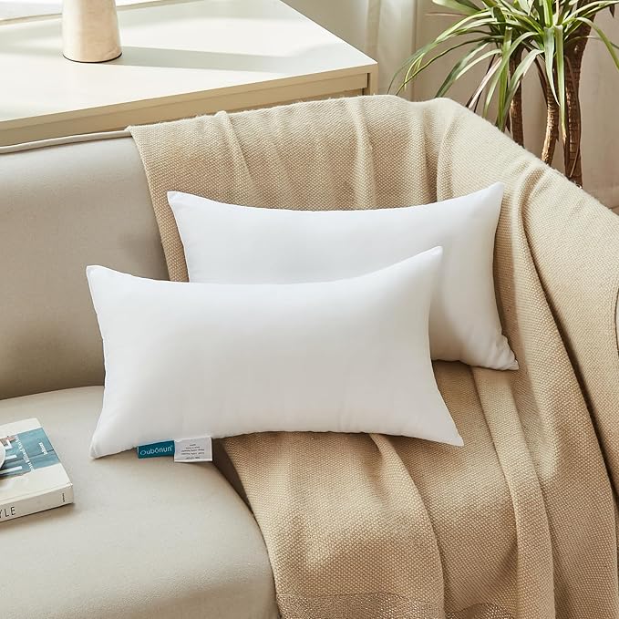 Oubonun 12 x 20 Throw Pillow Inserts - Soft, Plush & Decorative Down Alternative Pillows for Couch Sofa Bed, Machine Washable - White, Pack of 2