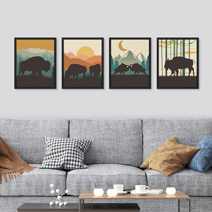 SIGNWIN Framed Country Farmhouse Vibrant Bison Wall Art, Set of 4 Silhouette Animals Wall Decor Prints, Wilderness Nature Wall D¨¦cor for Living Room, Bedroom - 12"x16" Black