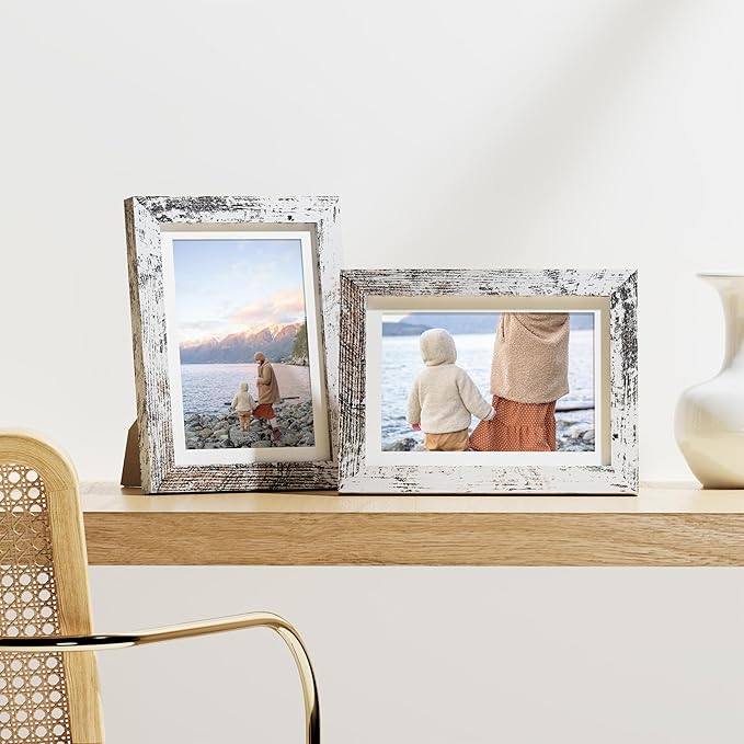 Vittanly 5x7 Picture Frames Set of 9, Shatter Resistant Plexiglass, Display 4x6 Pictures with Mat or 5x7 without Mat, Photo Frames for Wall or Tabletop, Engineered Wood, Distressed White
