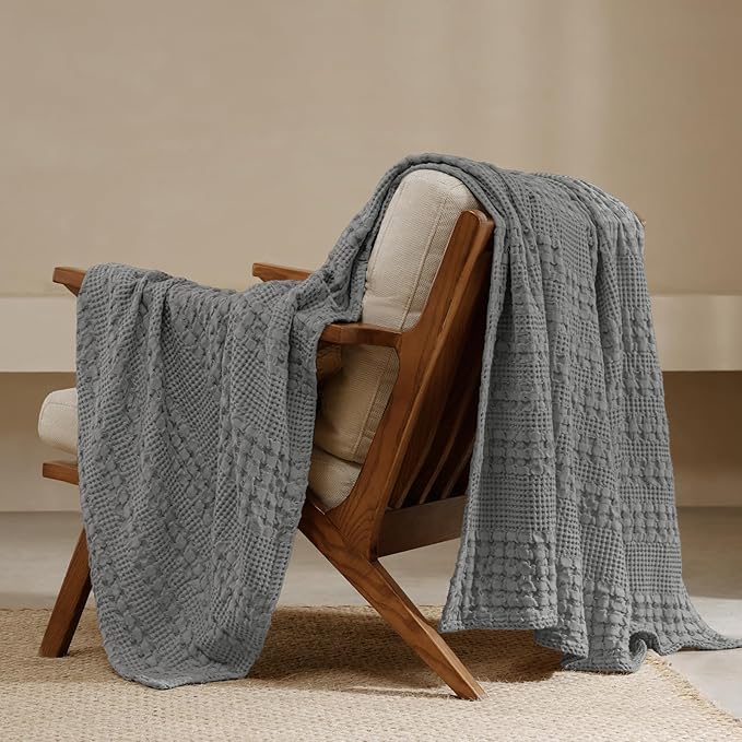 PHF 100% Cotton Waffle Weave Throw Blanket, Soft Lightweight Breathable Cozy Summer Throws for Couch Bed Sofa, Luxury Aesthetic Woven Blanket for Home Decor & Office, 50"x60", Dark Grey