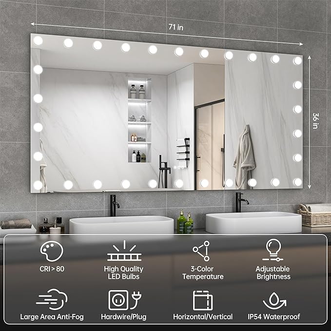 Hasipu LED Bathroom Mirror with Lights, 71" x 36" Hollywood Wall-Mounted Bathroom Mirror with 30 Dimmable Bulbs, 3 Colors Modes, Touch Control, Anti-Fog, Memory Function, Shatter-Proof, ETL Listed