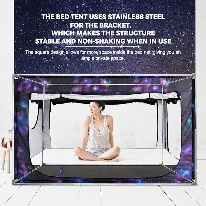 Bed Canopy Portable Blackout Bed Tent Privacy Tent for Adult Indoor Sleeping with 3 Doors, Storage Bag