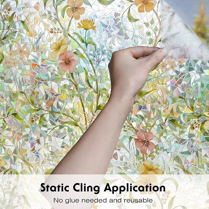 Volcanics Stained Glass Window Film with Installation Tools, Rainbow Window Privacy Film, Decorative Window Clings for Glass Windows, Static Cling Sun Blocking Floral Decals, 35.4 x 78.7 Inch