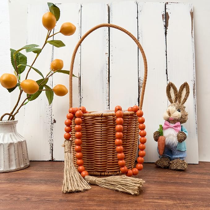 OMISHE 59in Wood Bead Garland with Tassels, Decorative Beads, Farmhouse Wooden Beads Garland for Wall Hanging Home Festival Decor, Orange