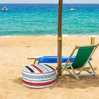 Inflatable Ottoman Stool D21 xH9 for Outdoor/Indoor Use, Water Repellent Patio Foot Rest Stool with Portable Handle,Round Pouf Ottoman Suitable for Garden,Deck and Camping - Stripe Red Blue