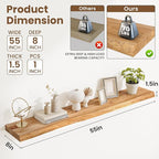 Floating Shelves, 8" Deep Rustic Solid Wood Wall Mounted Floating Shelves, Wall Shelves with Invisible Bracket for Living Room Bathroom Bedroom Kitchen, 55 Inch, Natural