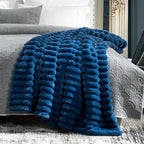 Cozy Bliss Faux Fur Throw Blanket for Couch, Cozy Warm Plush Striped Blanket for Sofa Bedroom Living Room,50 * 60 Inches Navy Blue
