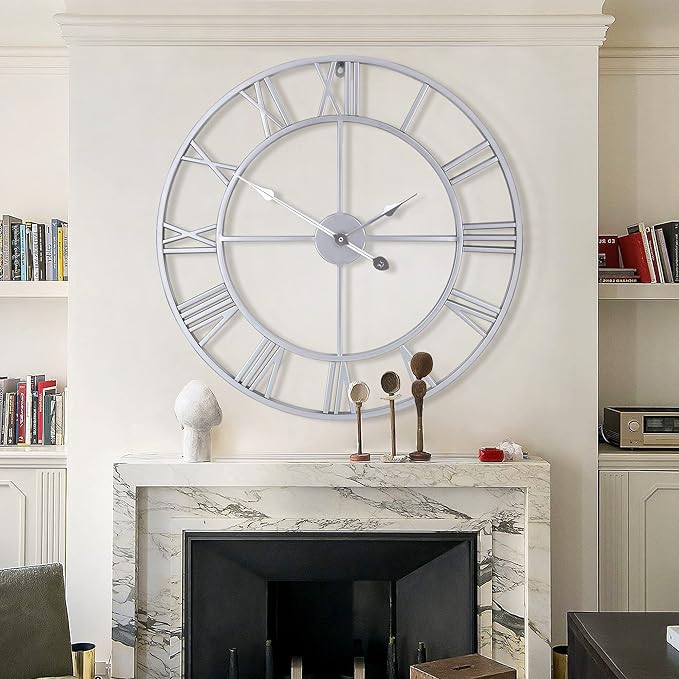 1st owned Large Wall Clock Metal Retro Roman Numeral Clock, Modern Round Wall Clocks Almost Silent, Easy to Read for Living Room/Home/Kitchen/Bedroom/Office/School Decor (Silver, 32 Inch)