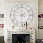 1st owned Large Wall Clock Metal Retro Roman Numeral Clock, Modern Round Wall Clocks Almost Silent, Easy to Read for Living Room/Home/Kitchen/Bedroom/Office/School Decor (Silver, 32 Inch)