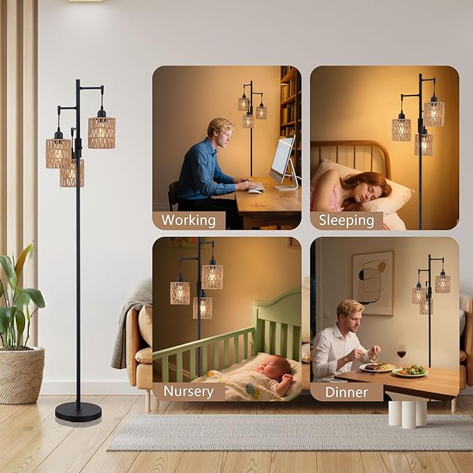 Rattan Floor Lamp for Living Room with 3 Lights,Boho Standing Lamps with Rattan Shades, Rustic Black Vintage Standing Light 70" Tall Tree for Office, Reading, Corner, Blub Included