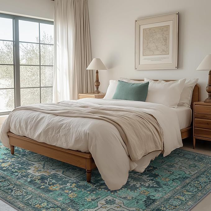 GENIMO 9x12 Area Rugs for Living Room, Machine Washable Non Slip Vintage Rugs, Low Pile Lightweight Chenille Print Rug for Bedroom, Dining Room, Home Office, Dark Green