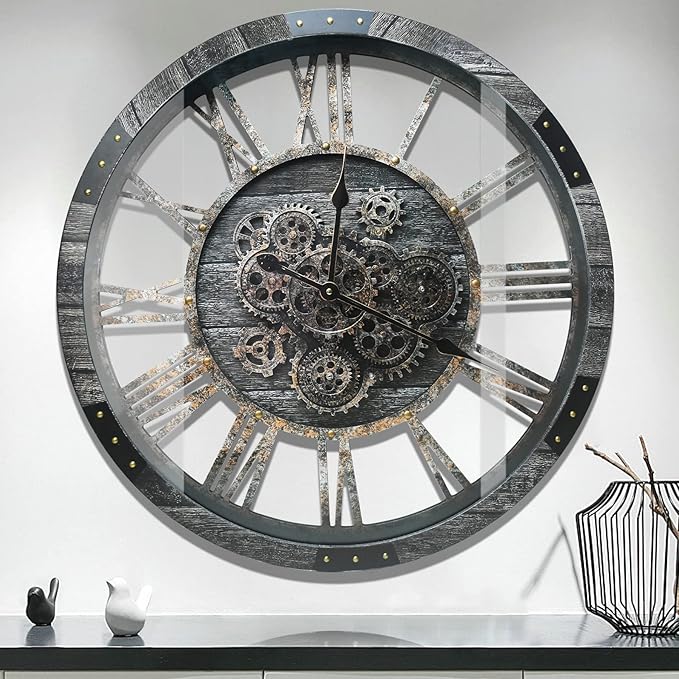 DORBOKER 27" Real Moving Gears Large Wall Clock with Toughened Glass Cover, Giant Wood Farmhouse Clock, Oversized Vintage Industrial Rustic Clock for Living Room Decor Home Kitchen (Carbon Grey)