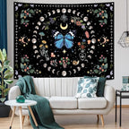 Aipon Blue Butterfly Moon Flower Tapestry Botanical Boho Plant Floral Wall Hanging for Bedroom and Living Room (36.00'' 48.00'', Blue)