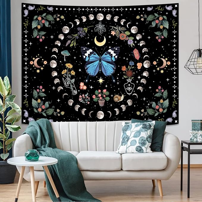 Aipon Blue Butterfly Moon Flower Boho Floral Tapestry for Bedroom & Living Room (60.00'' 80.00'', Blue)