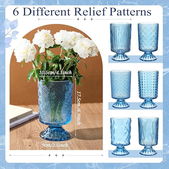 6 Pcs (H:7" W:4") Embossed Flower Vase Fall Pedestal Glass Vase Big Base Thickened Crystal Vintage Vases for Autumn Wedding Home Decor Table Centerpiece House Warming Gifts(Blue)