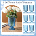 6 Pcs (H:7" W:4") Embossed Flower Vase Fall Pedestal Glass Vase Big Base Thickened Crystal Vintage Vases for Autumn Wedding Home Decor Table Centerpiece House Warming Gifts(Blue)