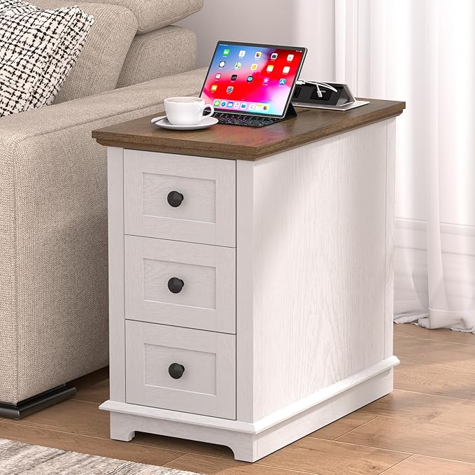 HIFYOBRO 3 Drawers End Table with Flip Top Charging Station, Type-C & USB Port & Power outlets, Wooden Storage End Table, Side Table with Storage for Living Room and Bedroom