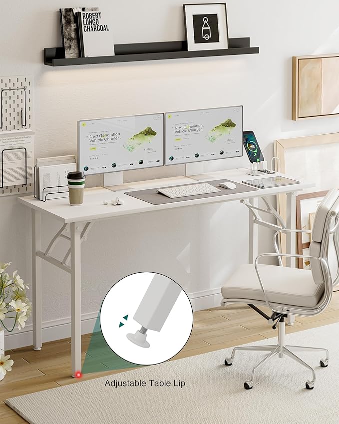 Frylr Small Folding Computer Desk – 55.1 Inch Portable Table for Craft and Study, Lightweight Desk for Small Spaces, Foldable Laptop Table Built-in AC/USB Outlets for Convenience, White