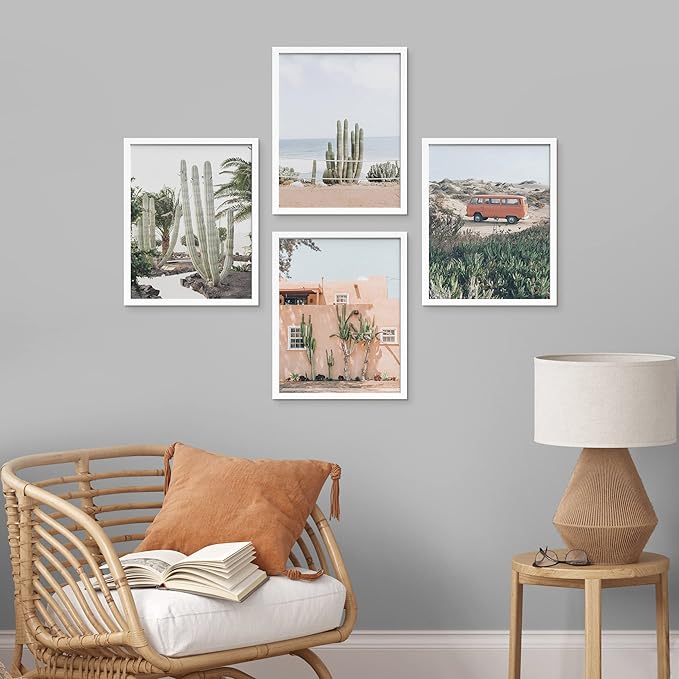 SIGNWIN Framed Cactus Desert Wall Art, Set of 4 Cactus Desert Wall Decor Prints, Nature Wilderness Wall Décor for Living Room, Bedroom - 8"x10"x 4 White