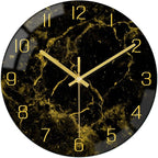 VIKMARI Black Modern Marble Texture Clock Gold Hands Rustic Kitchen Decor 12 Inch Wall Clock Battery Operated Non-Ticking Large Round Quartz Golden Decorative for Office Bedroom, Living Room