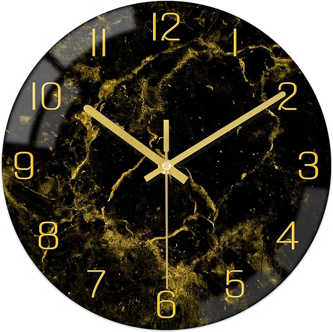 VIKMARI Black Modern Marble Texture Clock Gold Hands Rustic Kitchen Decor 12 Inch Wall Clock Battery Operated Non-Ticking Large Round Quartz Golden Decorative for Office Bedroom, Living Room