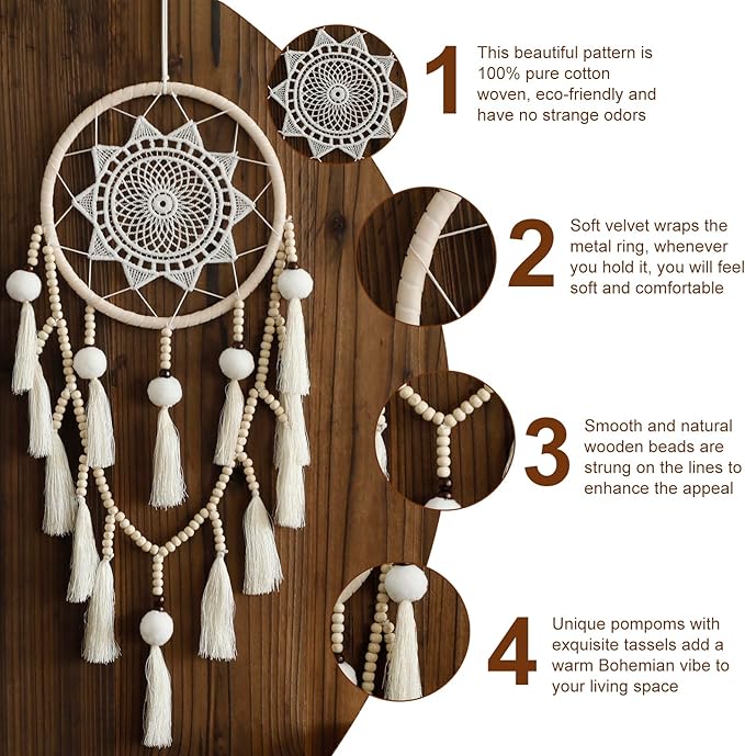 Macrame Dream Catcher Wall Decor with Pom Poms Large White Dreamcatcher Wood Beads Boho Wall Hanging, Handmade Tassels Ornament Room Decor for Girls Bedroom Living Room Weddings