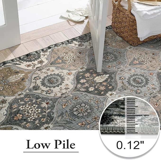 Lahome Moroccan Washable Area Rug 6x9, Ultra-Thin Large Living Room Rugs for Bedroom, Oriental Trellis Distressed Non Shedding Throw Carpet for Dining Room Office, Grey