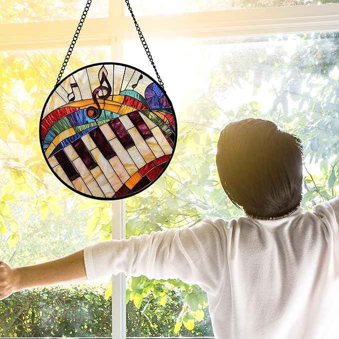 Stained Glass Window Hanging, Piano Notes Sun Catchers Glass Panel Suncatcher Decor for Birthday for Women, Men, Wife, Aunt, and Mom 7.8 in