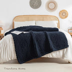 Chunky Knit Blanket Throw, 100% Hand Knit Throw Blanket Handmade Chenille Cable Knit Throw for Couch, Stylish Cozy Soft Rope Knot Crochet Blanket for Home Decor, Navy Blue, 50x60 Inches
