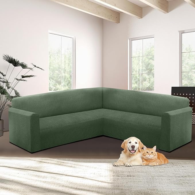 HDCAXKJ Sectional Couch Cover L Shape Stretch Sofa Covers Washable Jacquard Corner Couch Slipcover Non Slip Sectional Slip Cover U Shaped Furniture Protector for Pets Dogs (Army Green, X-Large)