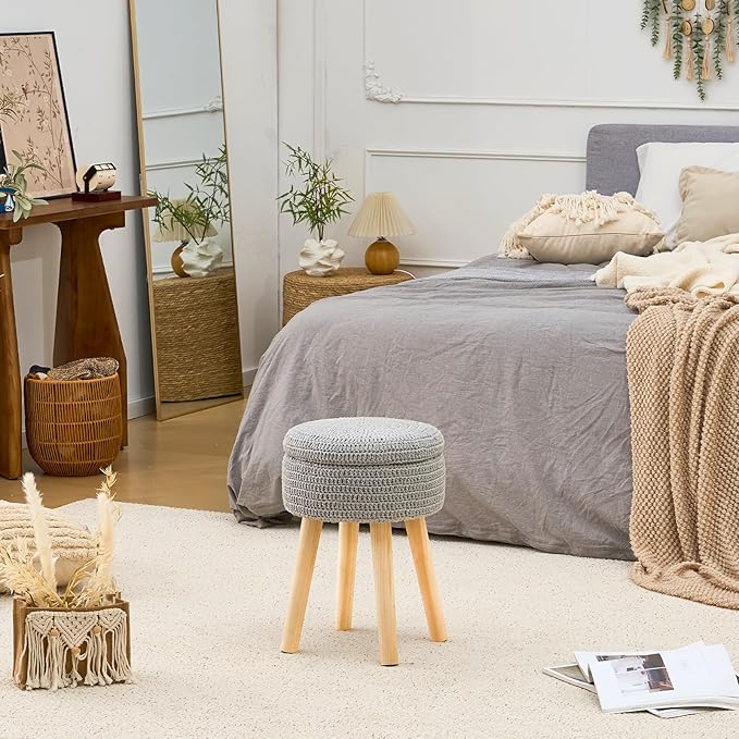 Wimarsbon Pouf Ottoman, 100% Cotton Knitted Boho Footstool, Round Footrest with Non-Skid Wood Legs, Home Décor Handmade Pouffe, Leisure Floor Step Stool for Living Room (High Storage Grey)