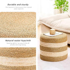 Handwoven Ottoman Pouf, Natural Seagrass Footstool, Round Braided Outdoor Seat with Sturdy Frame, Boho Accent Stool for Patio, Balcony, or Garden (Seagrass White)