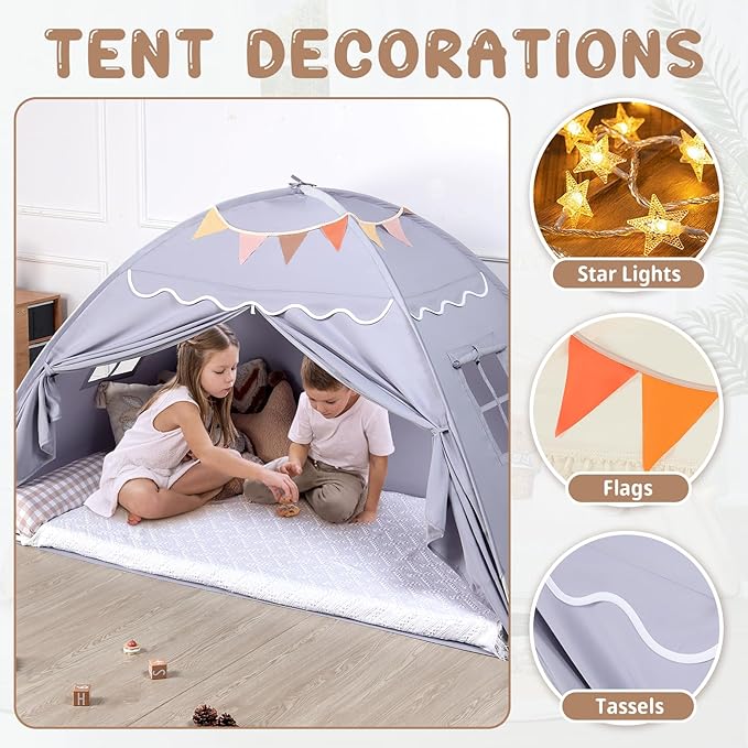 Sumbababy Toddler Bed Tent Canopy: Lights & Flags Indoor Floor Bed Kids Tent Playhouse - Portable & Foldable Twin Bunk Bed Curtains - Girls & Boys Bedroom Privacy Space Sleeping Tents Gifts (Gray)