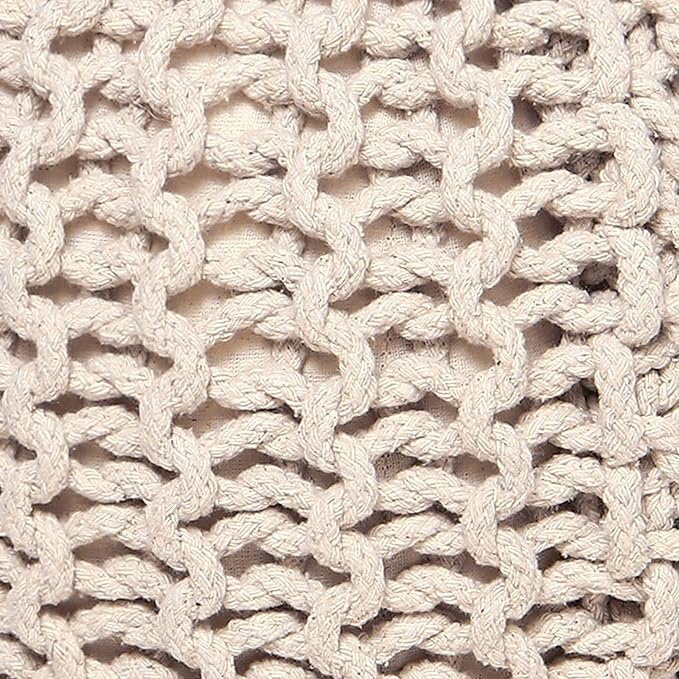 REDEARTH Round Pouf Ottoman - Cable Knitted Boho Poof - Home Décor Cord Pouffe Handmade Circular Footrest for Living Room - Bedroom - Kids Bedroom - 100% Cotton Pouf (19.5"x19.5"x14") - Ivory
