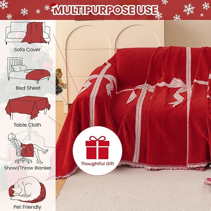 Chenille Armchair Sofa Slipcover Washable Furniture Protector Recliner Couch Cover 1-Piece Cushion Stain Resistant Chair Cover Soft Breathable Couch Cover Blanket, Red Bow 71"x 165"