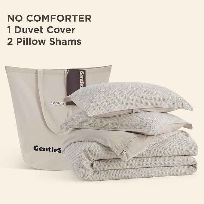 Bedsure Waffle Duvet Cover Queen - Pure Cotton Duvet Cover Linen Color, Space-Dyed for Enhanced Bedroom Aesthetics, GentleSoft™ and Stylish All-Season, 3-Piece Bedding Set with Button Closure, 90"x90"