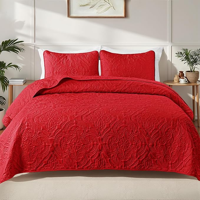 Exclusivo Mezcla Twin Quilt Bedding Set with 1 Pillow Sham, Lightweight Red Twin Size Quilt Bedspread with Vintage Damask Pattern, Soft Bedspreads Coverlets for All Seasons