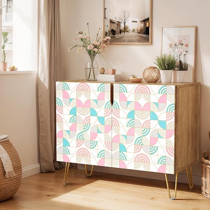 SIGNWIN Sideboard Buffet Cabinet, Kitchen Storage Cabinet with 2 Doors, Pastel Pink & Teal Polygon, Cupboard Console Table for Dining Room - 35" L x 18" W x 29" H