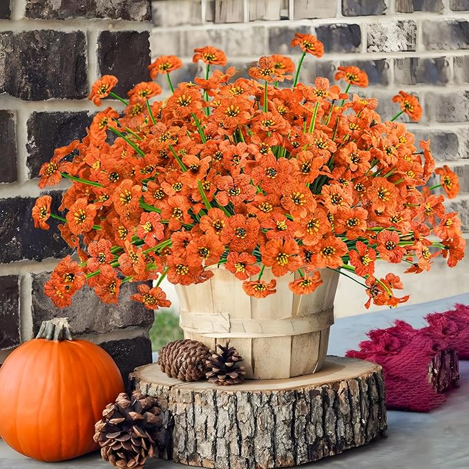 Krissing 48 Bundles Outdoor Artificial Flowers UV Resistant Fake Flowers Faux Plastic Flowers Plants Outside Garden Porch Window Box Fall Decor (Orange)