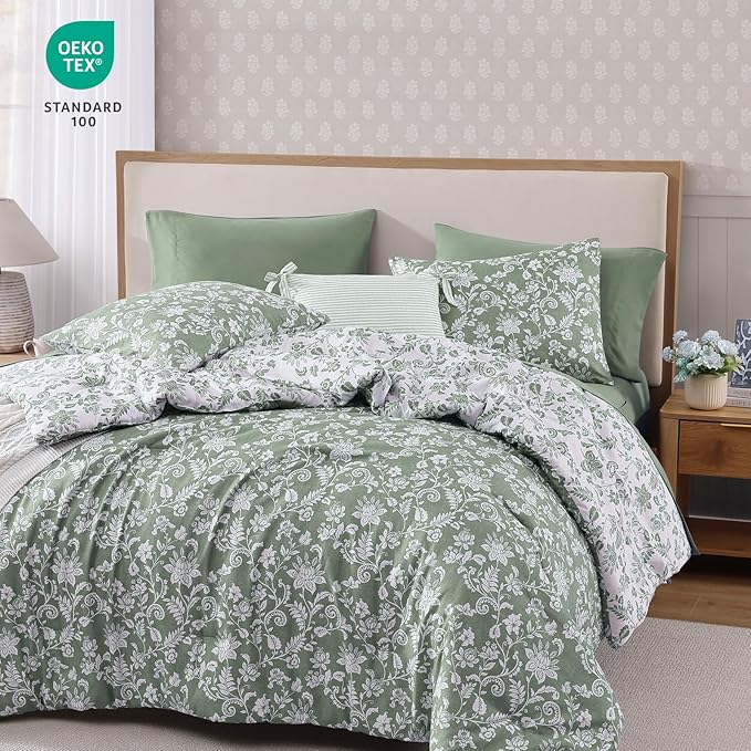 Queen Comforter Set -7 Pieces Floral Grey Green Comforter Set for All Seasons, Bed in a Bag Queen with Botanical Flowers Comforter, Sheets, Pillowcases & Shams