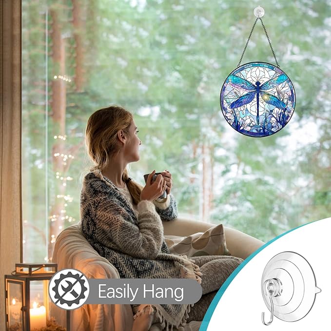 Dragonfly Suncatcher Stained Glass Window Hanging - 8” Stained Glass Suncatchers for Windows - Sun Catchers Indoor Window Catcher with Hooks and Chain - Birthday Gifts for Mom Grandma