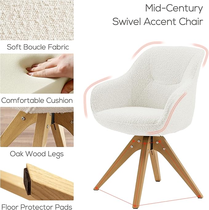 Art Leon Swivel Accent Chair - Mid Century Modern Desk Chair No Wheels, Boucle Fabric Upholstered Armchair with Natural Oak Wood Lges, White