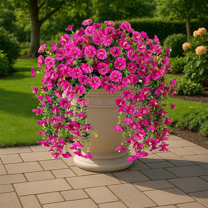 Artificial Hanging Flowers – 4 Pack UV Resistant Fake Morning Glory Vine Faux Plants for Porch, Patio, Balcony, Garden, Indoor & Outdoor Decor (Hot Pink)