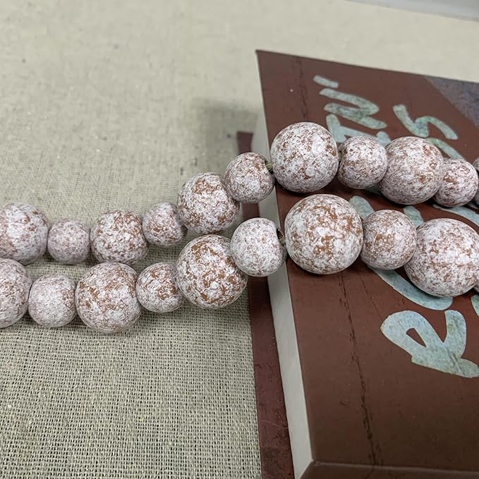 Handcrafted Farmhouse Wooden Decorative Beads Garland, Table Tray Boho Wood Beads with Tassel, Small Rustic Antique Decor for Home and Events (Rustic White)