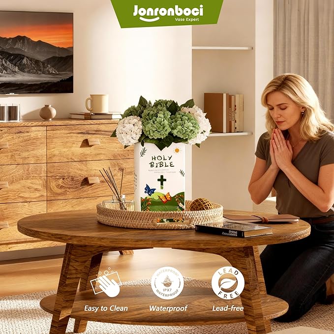 Bible Blessings Spring Flower Vase - Modern Ceramic Book-Shaped Vase for Flowers - Christian Desk Decor for Prayer Room, Dining Table, Coffee Table, Entryway Console, Religious Gifts(Green Spring, XL)