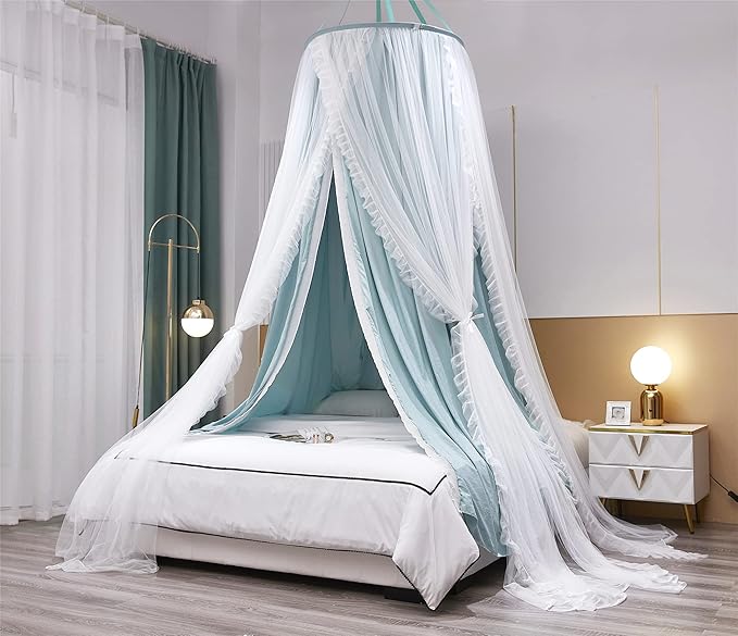VETHIN Double Layer Princess Round Dome Canopy Bed Curtain for Girls Adults,Children Dreamy Mosquito Net,Cute Bedroom Decoration Castle Play Tent Reading Nook Canopies (Dome-Green/White)