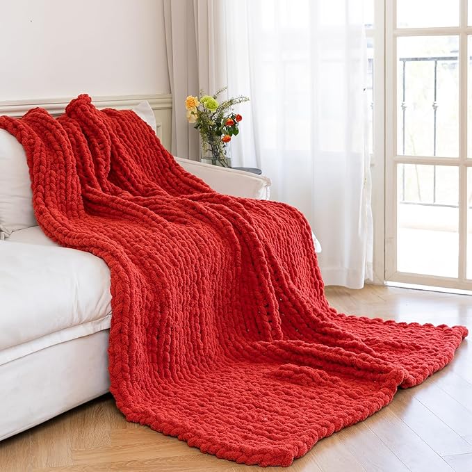 Chunky Knit Blanket - Luxury Soft Cozy Queen Size(50 * 60) Throw Blanket,100% Woven Blanket Rope Knot Throw Blanket for Couch, Sofa, Home Decor, Gift - Machine Washable（Wine red）