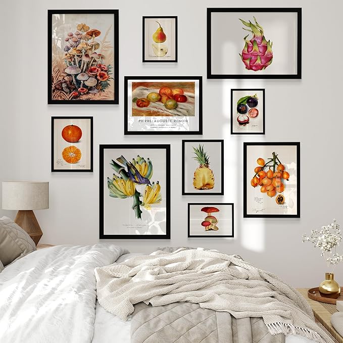 Cottagecore Decor Framed Wall Art Set, Set of 10 Aesthetic Framed Prints for Cottage Core Home Decor, Black Framed Vintage Fruits and Vegetables Pictures